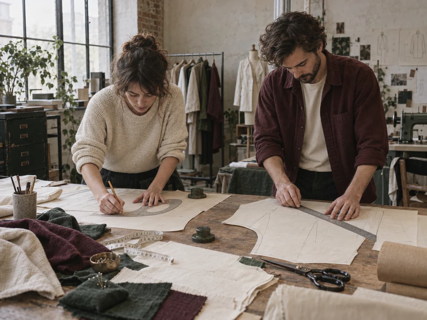 Deux adultes tracent des patrons en papier sur une table couverte de tissus crème, bordeaux et verts dans un atelier éclairé par de grandes fenêtres.