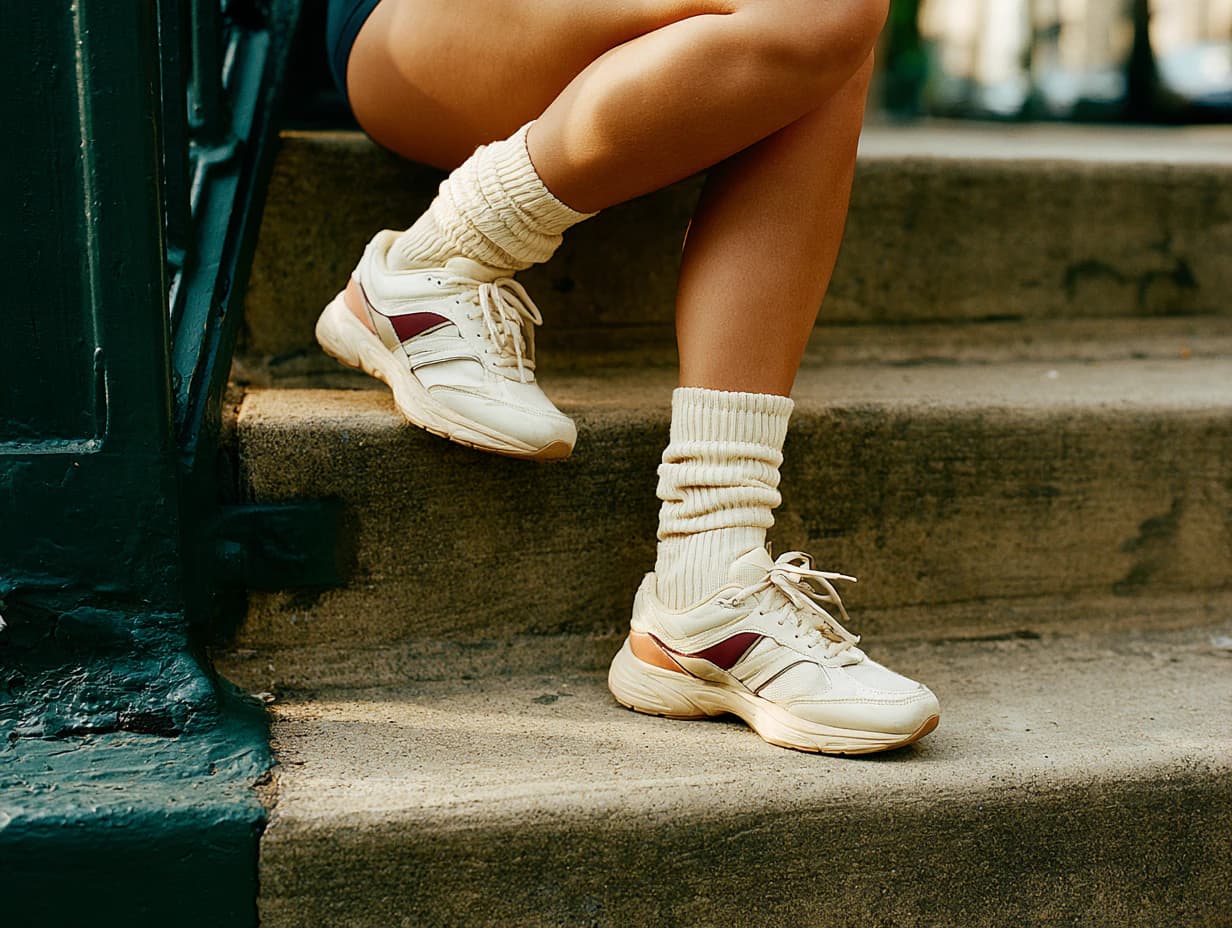 Baskets et chaussettes écrues portées par une personne assise sur des marches en pierre.