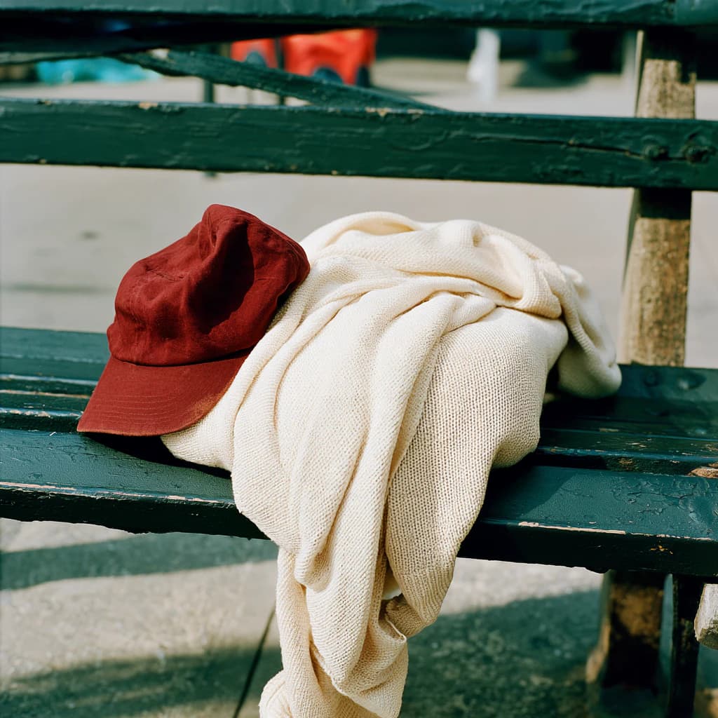 Une casquette rouge et un pull écru posés sur un banc vert.