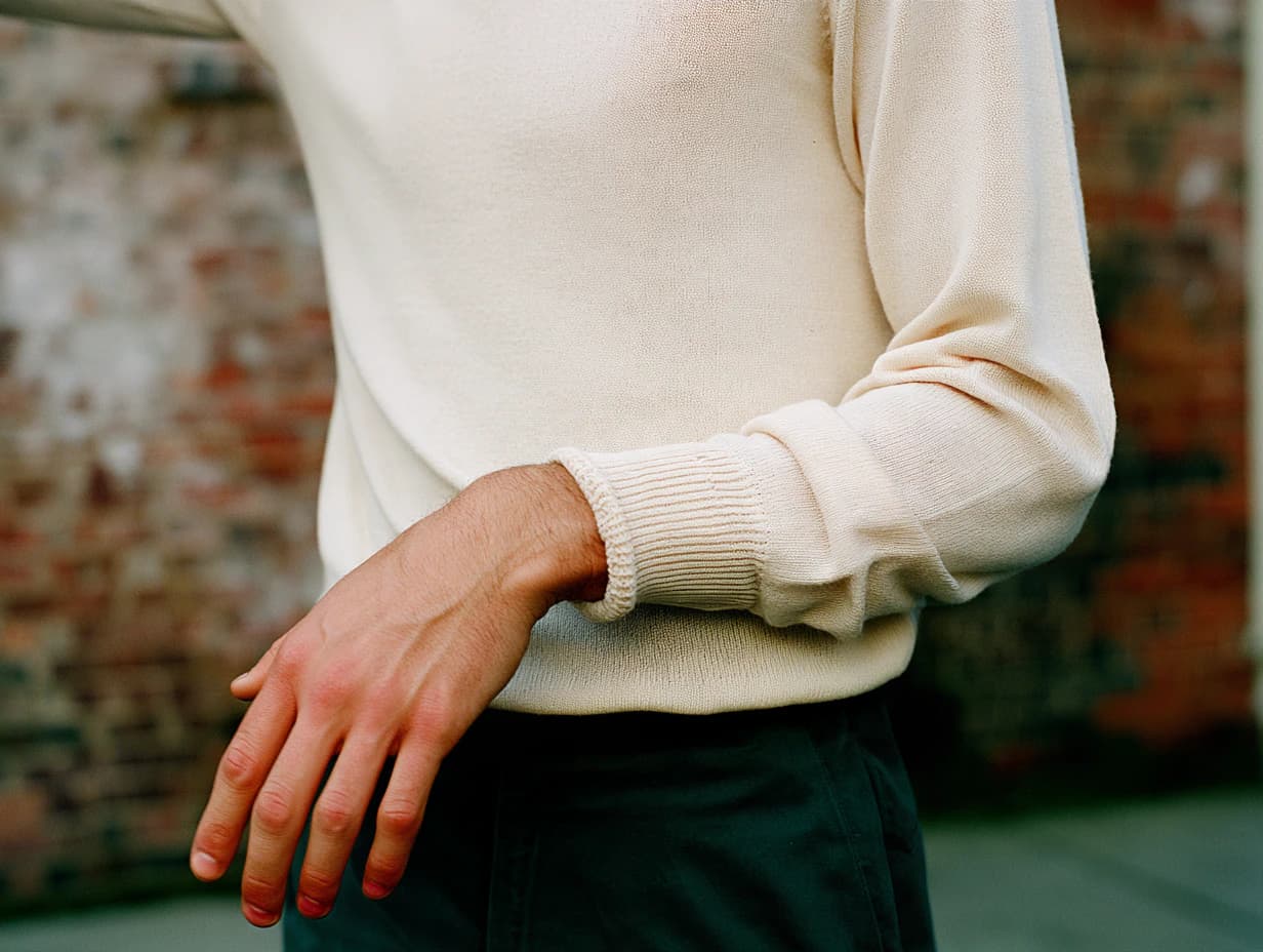 Détail de la manche et du poignet d’un pull en maille écrue porté.